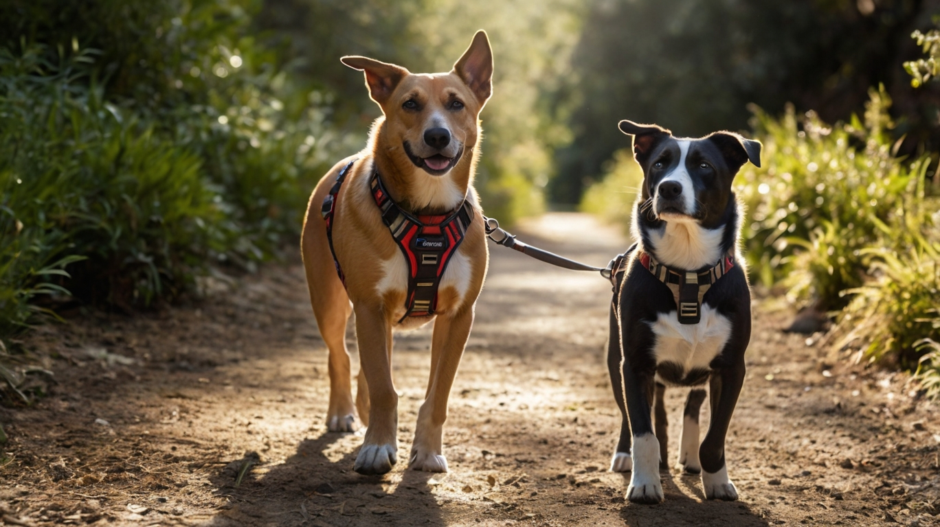 Zwei Hunde tragen ein Halsband und ein Geschirr beim Spaziergang