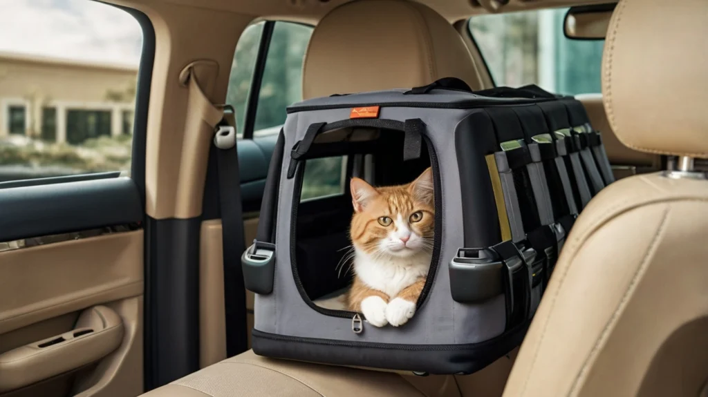 Transportbox Katze quer auf Rückbank mit Gurt fixiert, Besitzerin lächelt beruhigend