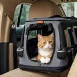 Transportbox Katze quer auf Rückbank mit Gurt fixiert, Besitzerin lächelt beruhigend
