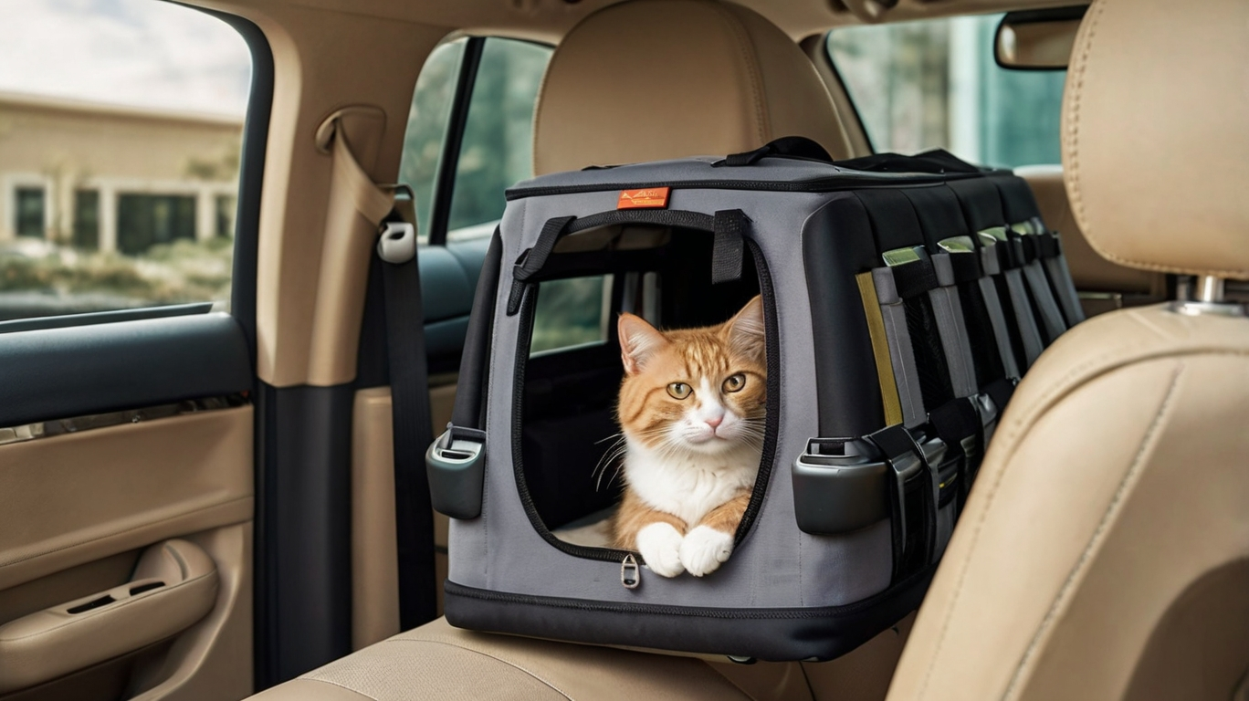 Transportbox Katze quer auf Rückbank mit Gurt fixiert, Besitzerin lächelt beruhigend