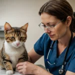 Tierarzt untersucht Katze aus dem Tierheim bei der ersten Kontrolle