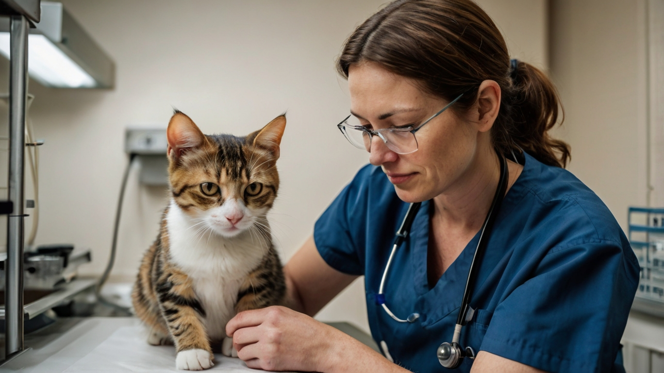 Tierarzt untersucht Katze aus dem Tierheim bei der ersten Kontrolle