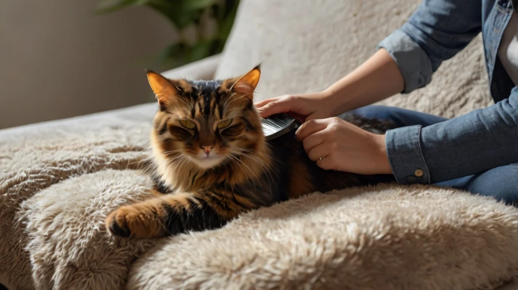 Schildpatt Katze bei der Fellpflege