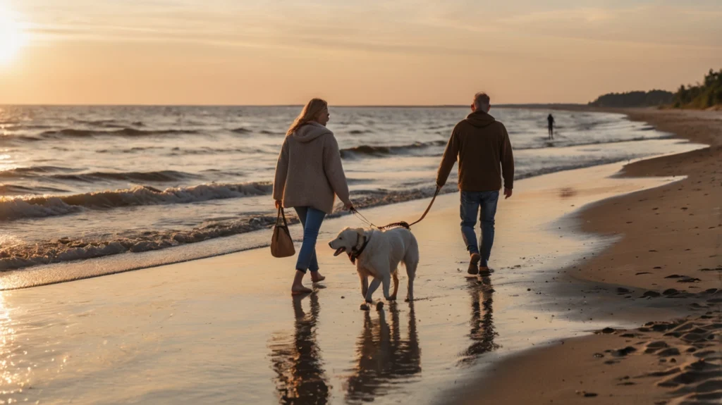 Familie mit Hund bei einem Spaziergang am Hundestrand