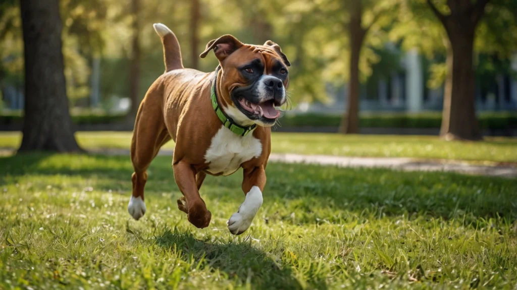 Boxer Hund beim Training im Park mit glücklichem Ausdruck