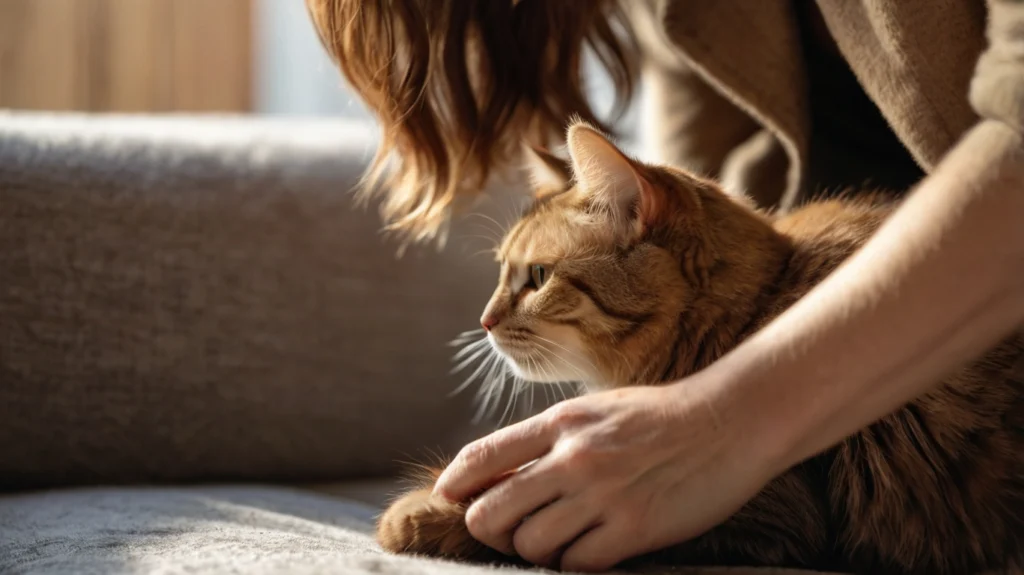 Katze mit Bürste bei der Fellpflege