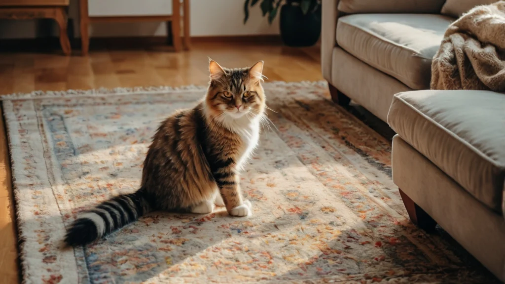 Kind spielt mit einer Maine Coon Katze auf dem Boden