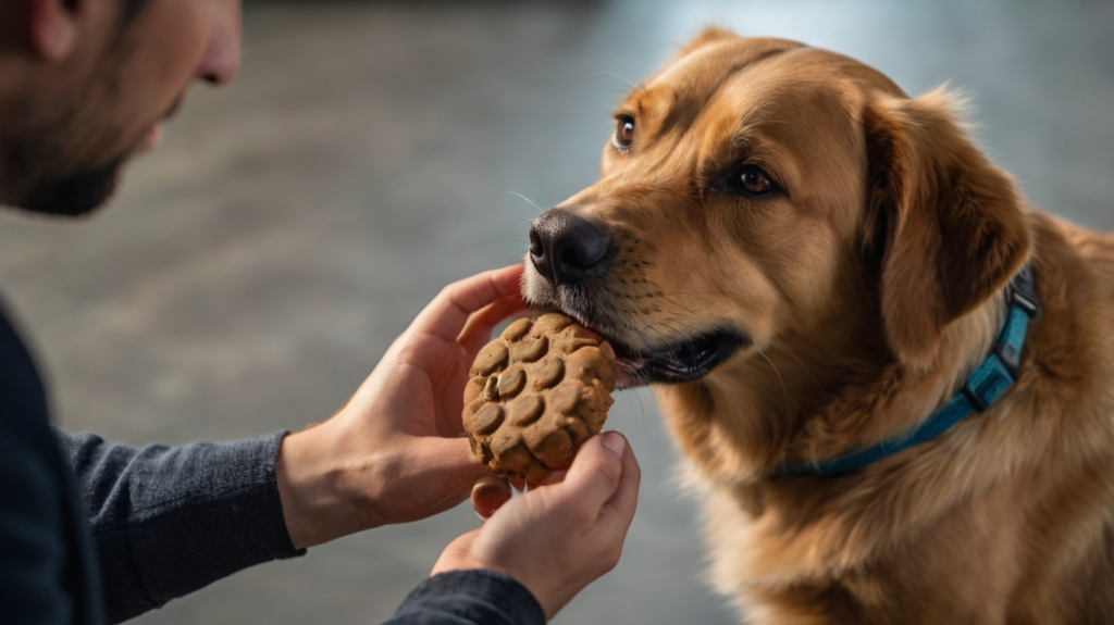 Hund erhält Leckerli während des Maulkorbtrainings