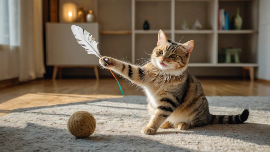 Katze aus dem Tierheim spielt mit Federangel