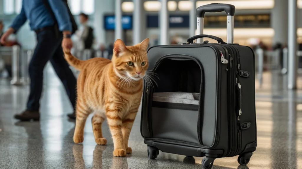 IATA‑konforme Transportbox Katze am Flughafen‑Check‑in, Dokumententasche sichtbar