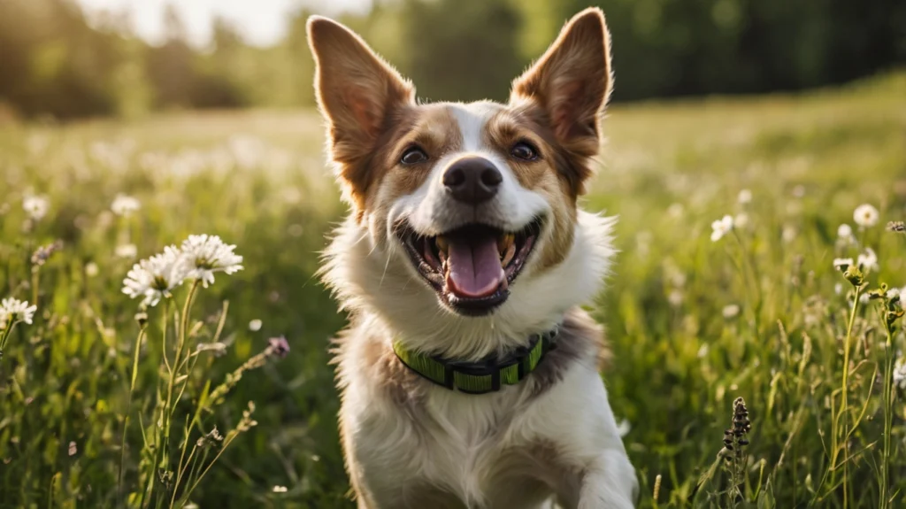Hund mit Zeckenhalsband auf Sommerwiese