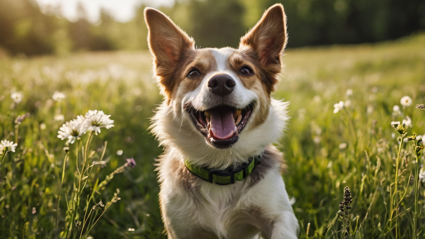 Hund mit Zeckenhalsband auf Sommerwiese