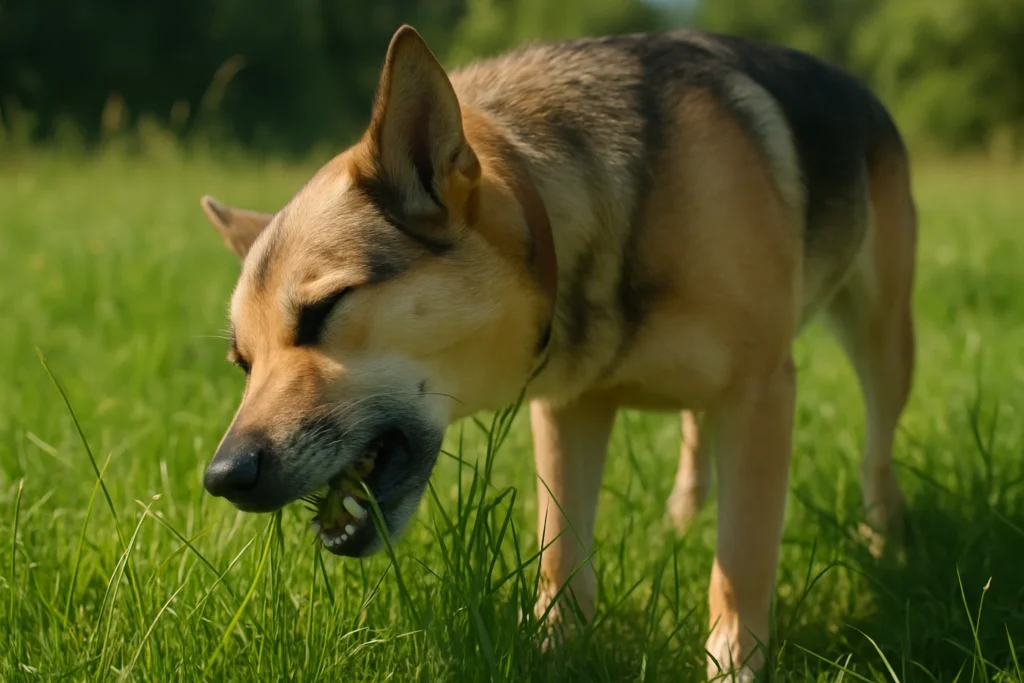 Hund frisst Gras auf einer grünen Wiese