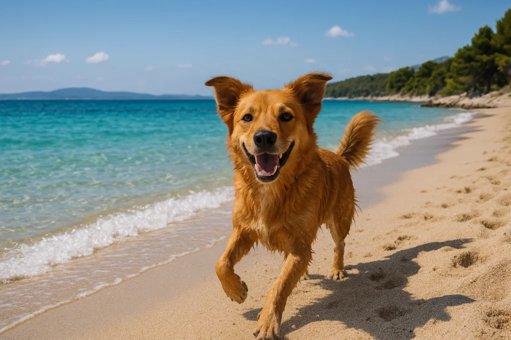Hund spielt am Hundestrand in Kroatien mit türkisblauem Meer im Hintergrund