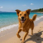Hund spielt am Hundestrand in Kroatien mit türkisblauem Meer im Hintergrund