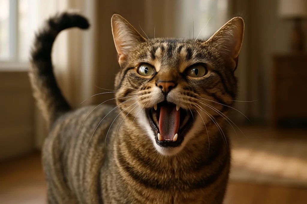 Rollige Katze miaut laut mit erhobenem Schwanz im Wohnzimmer.