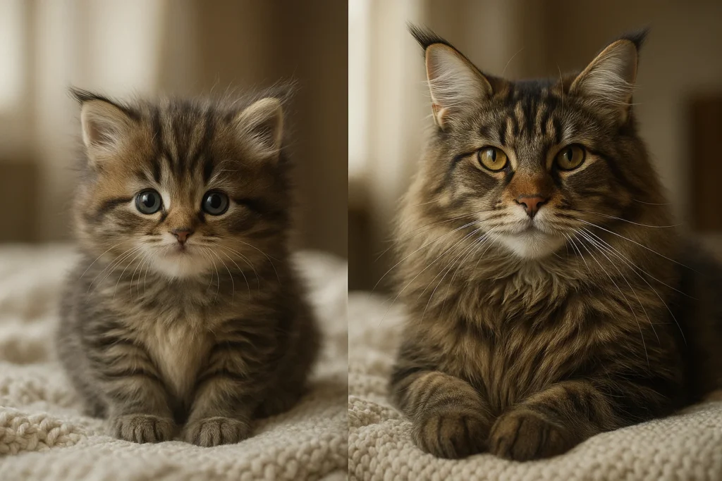 Vergleich eines verspielten Kätzchens und einer ausgewachsenen Katze