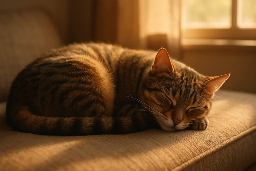Katze schläft zusammengerollt auf dem Sofa – typisches Schlafverhalten