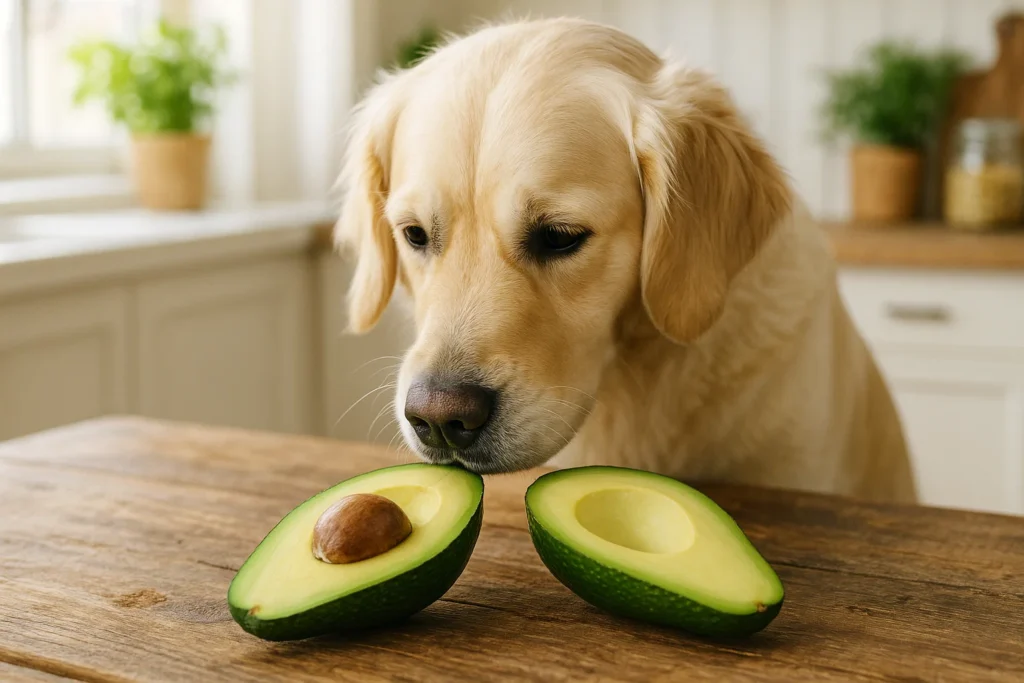 Dog looking at sliced avocado on a table