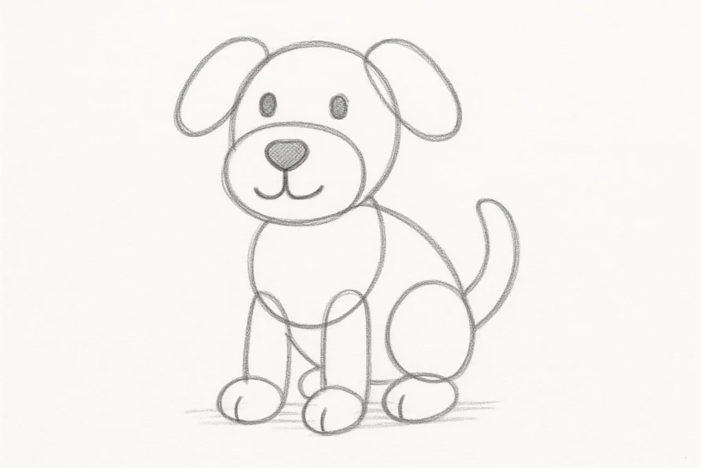 Outline sketch of a cute dog using basic circles and ovals