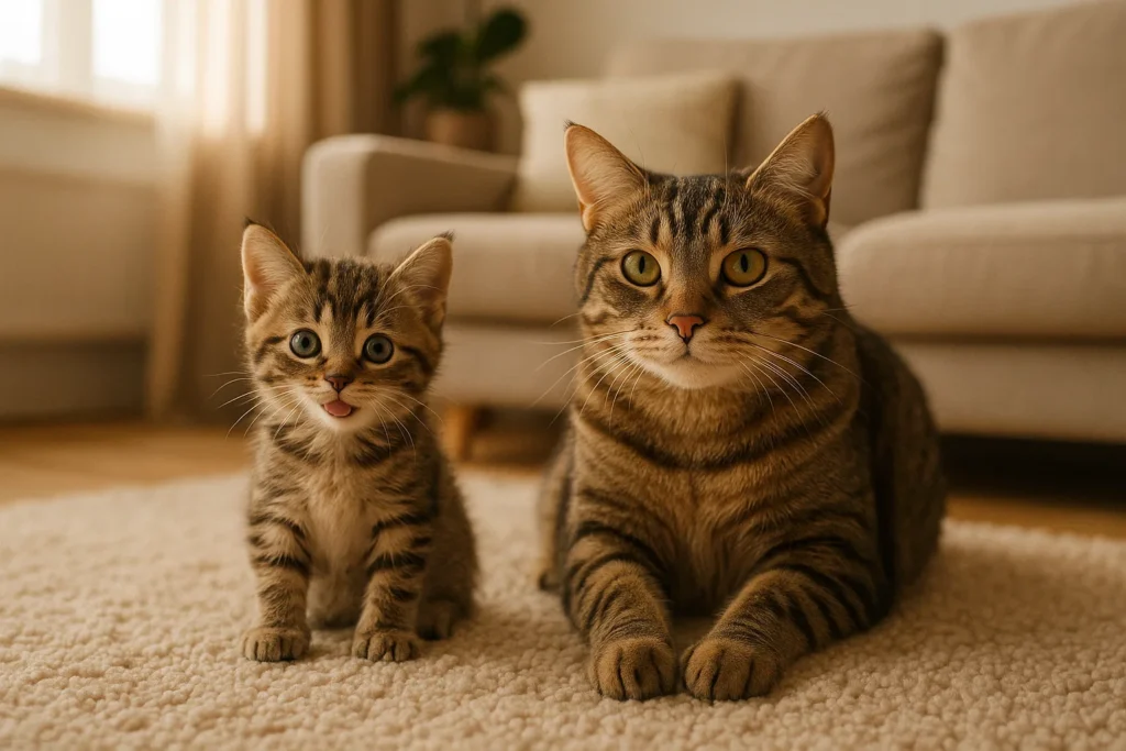 Junges Kätzchen im Wachstum neben einer ausgewachsenen Katze