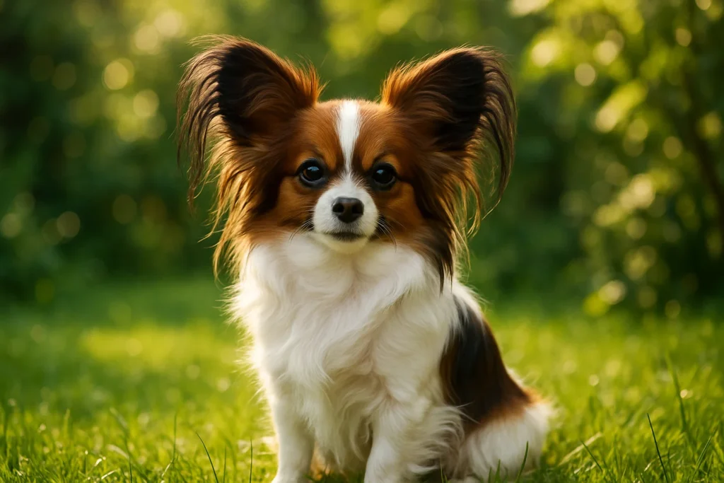 Papillon Hund mit Schmetterlingsohren im Garten