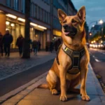 Hund mit Sicherheitsgeschirr wartet an der Ampel