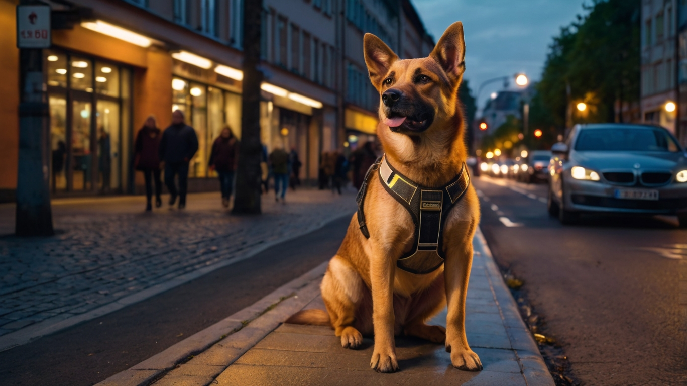Hund mit Sicherheitsgeschirr wartet an der Ampel