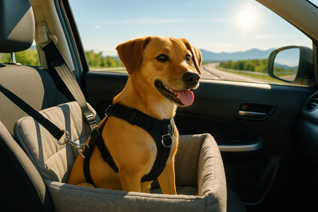 Hund sitzt gesichert im Auto auf dem Weg nach Kroatien