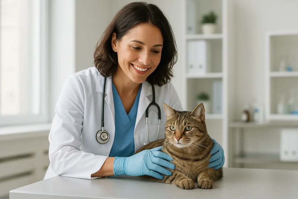 Tierarzt überprüft die körperliche Entwicklung einer Katze