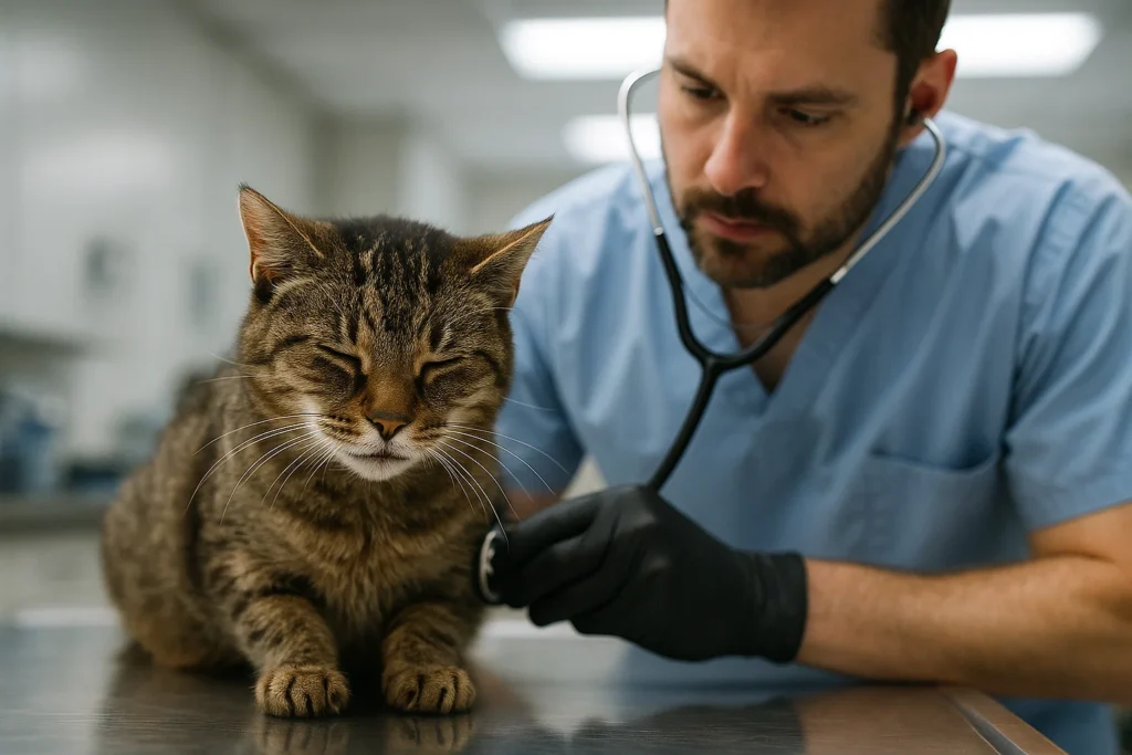 Katze schnurrt beim Tierarzt trotz Krankheit