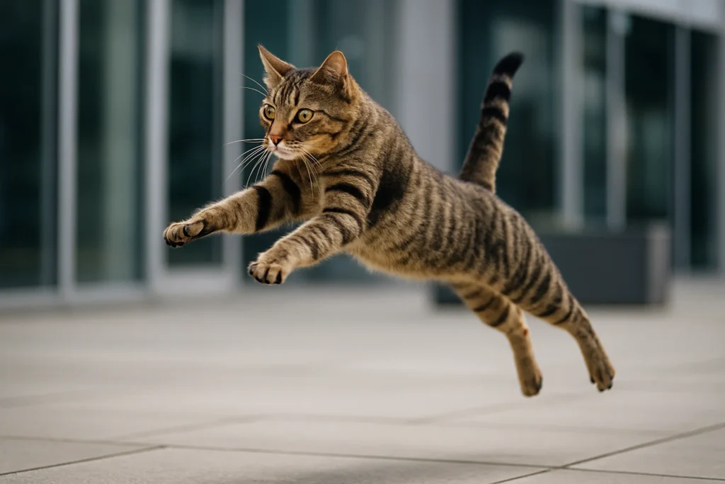 Katze springt elegant – Symbol für Überlebensinstinkt