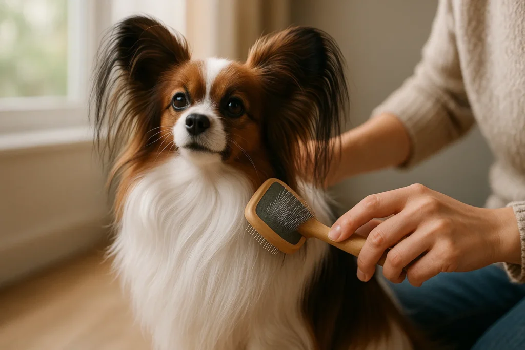 Papillon Hund wird gebürstet für Fellpflege