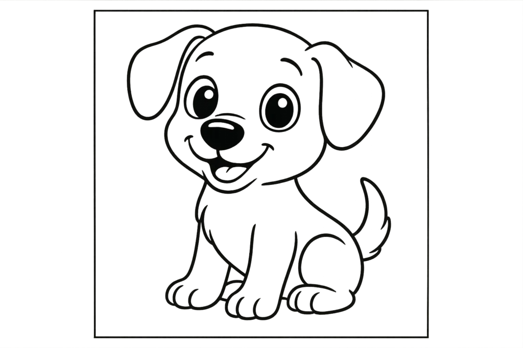 Ausmalbild Hund Welpe spielerisch und kinderfreundlich