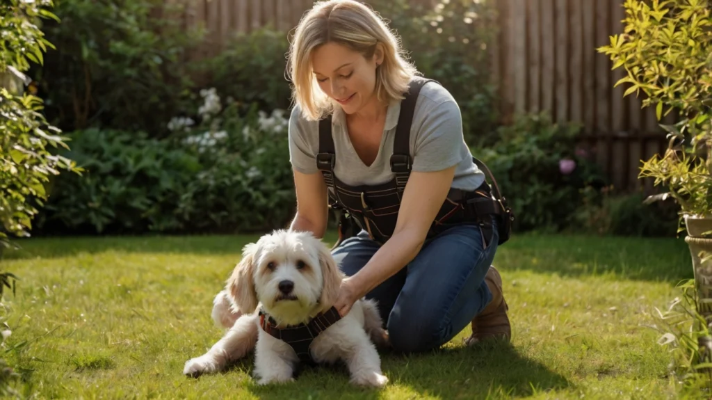 Hundebesitzer legt seinem Hund ein Sicherheitsgeschirr an
