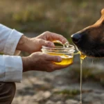 Hundebesitzer tropft Lachsöl über Trockenfutter