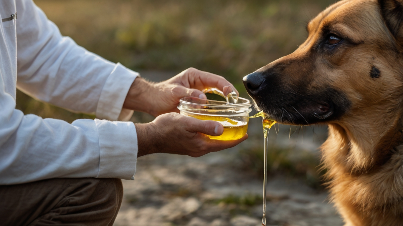 Hundebesitzer tropft Lachsöl über Trockenfutter