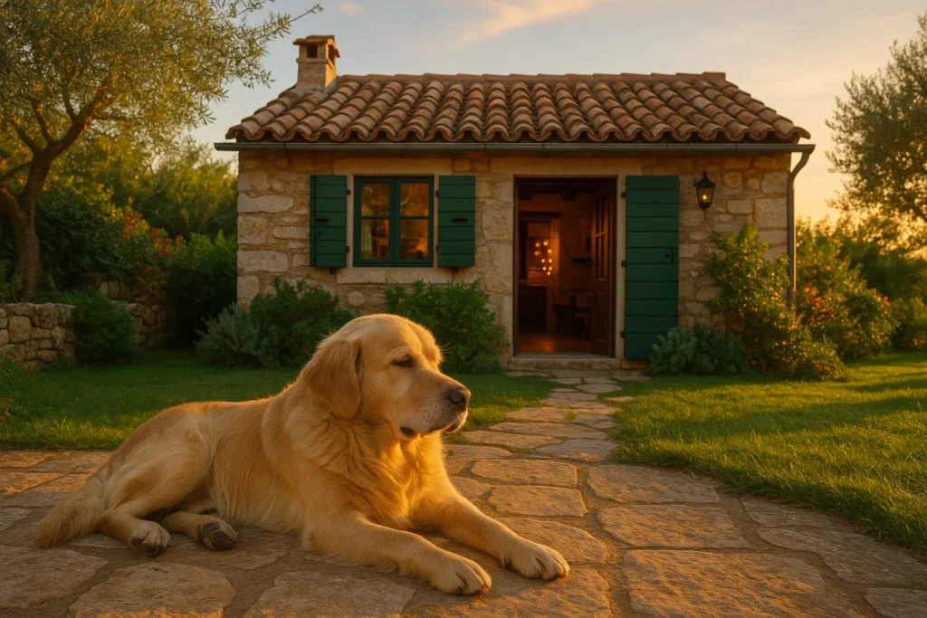 Hund liegt entspannt vor einem Ferienhaus in Kroatien mit Garten