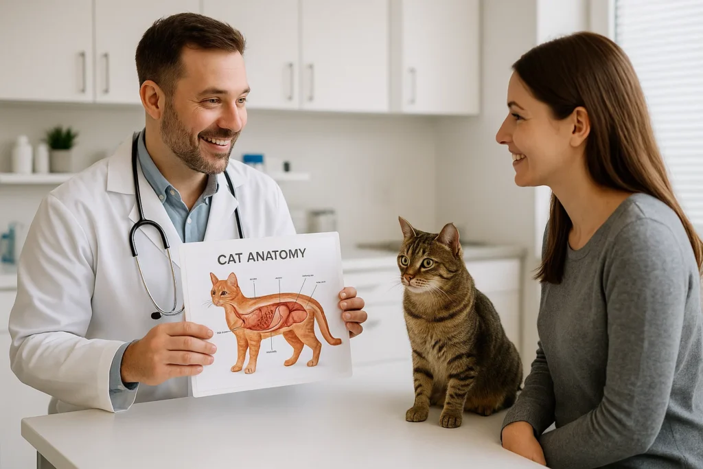 Tierarzt erklärt Katzenhalter die Kastration der Katze.