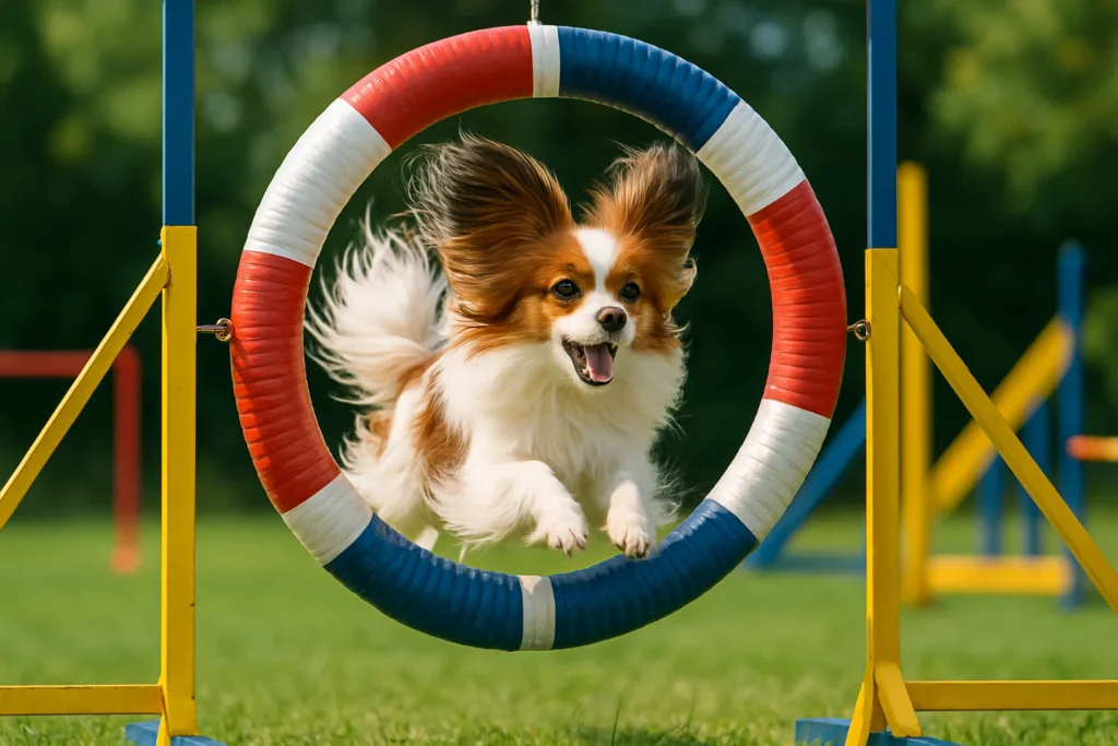 Papillon Hund beim Agility Training