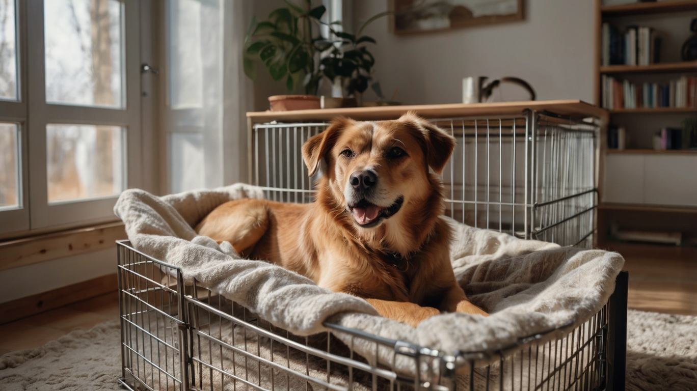 Ruhiger Rückzugsort mit Hundebox im Wohnzimmer
