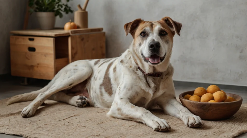Senior-Hund entspannt sich nach der Fütterung mit Lachsöl