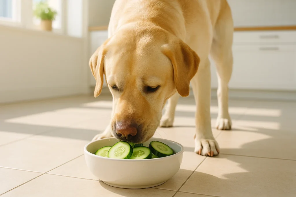 Dog eating cucumber slices from a bowl