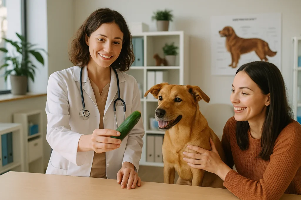 Vet explaining healthy dog diets with cucumber