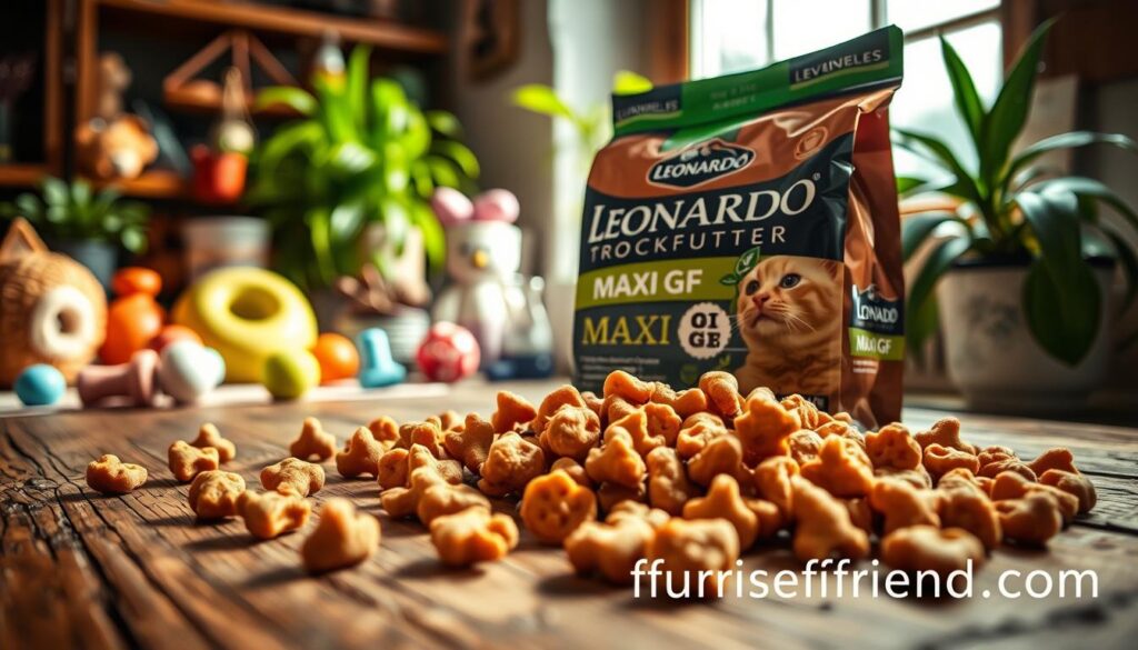 A close-up image of Leonardo Trockenfutter, specifically the "Leonardo Maxi GF," displayed prominently on a rustic wooden surface. The focus is on the large, crunchy kibble pieces, showcasing their unique shape and texture, with some scattered artfully around. In the background, a blurred assortment of cat toys and green plants create a cozy domestic atmosphere, suggesting a pet-friendly environment. Natural sunlight filters through a nearby window, casting soft shadows and highlighting the vibrant colors of the kibble. Shot with a macro lens to emphasize the details, the image conveys a warm and inviting mood. The brand name "furriesfriend.com" subtly integrated into the setting, without visible text overlay or distractions. A close-up image of Leonardo Trockenfutter, specifically the "Leonardo Maxi GF," displayed prominently on a rustic wooden surface. The focus is on the large, crunchy kibble pieces, showcasing their unique shape and texture, with some scattered artfully around. In the background, a blurred assortment of cat toys and green plants create a cozy domestic atmosphere, suggesting a pet-friendly environment. Natural sunlight filters through a nearby window, casting soft shadows and highlighting the vibrant colors of the kibble. Shot with a macro lens to emphasize the details, the image conveys a warm and inviting mood. The brand name "furriesfriend.com" subtly integrated into the setting, without visible text overlay or distractions.
