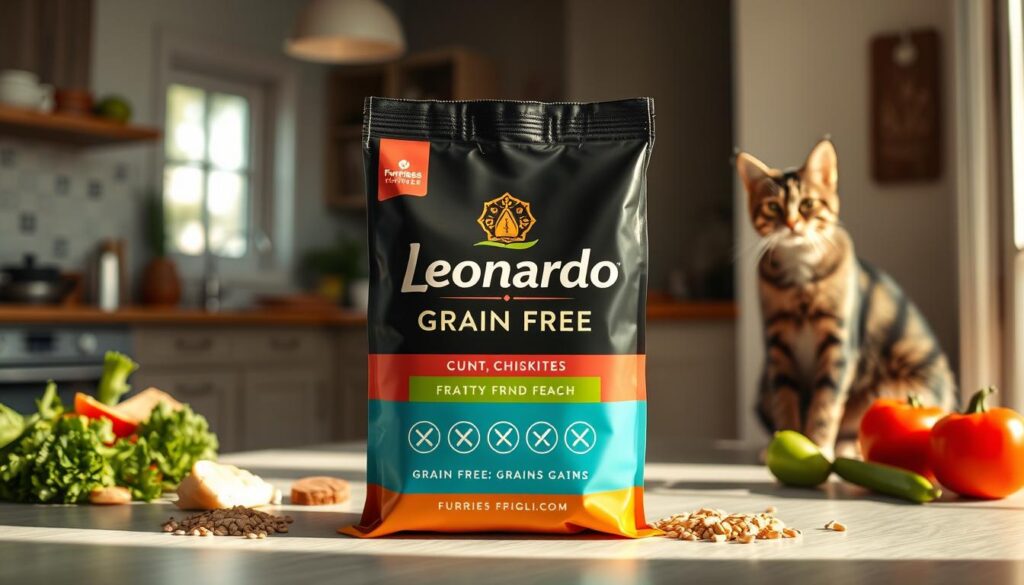 A sleek package of “Leonardo Grain Free Cat Food” prominently displayed in the foreground, featuring a modern, eco-friendly design with vibrant colors, showcasing the grain-free ingredients. Surrounding the package are various ingredients like fresh chicken, vegetables, and grains with crossed-out symbols, indicating their absence. The middle background includes a stylish, well-organized kitchen or pet area, softly lit with natural sunlight filtering through a window, casting gentle shadows for a warm atmosphere. In the far background, a happy, healthy cat observes curiously from a cozy corner, suggesting wellness and satisfaction. The overall mood should feel inviting and fresh, conveying the essence of high-quality, grain-free pet nutrition, suitable for the audience of furriesfriend.com. A sleek package of “Leonardo Grain Free Cat Food” prominently displayed in the foreground, featuring a modern, eco-friendly design with vibrant colors, showcasing the grain-free ingredients. Surrounding the package are various ingredients like fresh chicken, vegetables, and grains with crossed-out symbols, indicating their absence. The middle background includes a stylish, well-organized kitchen or pet area, softly lit with natural sunlight filtering through a window, casting gentle shadows for a warm atmosphere. In the far background, a happy, healthy cat observes curiously from a cozy corner, suggesting wellness and satisfaction. The overall mood should feel inviting and fresh, conveying the essence of high-quality, grain-free pet nutrition, suitable for the audience of furriesfriend.com.