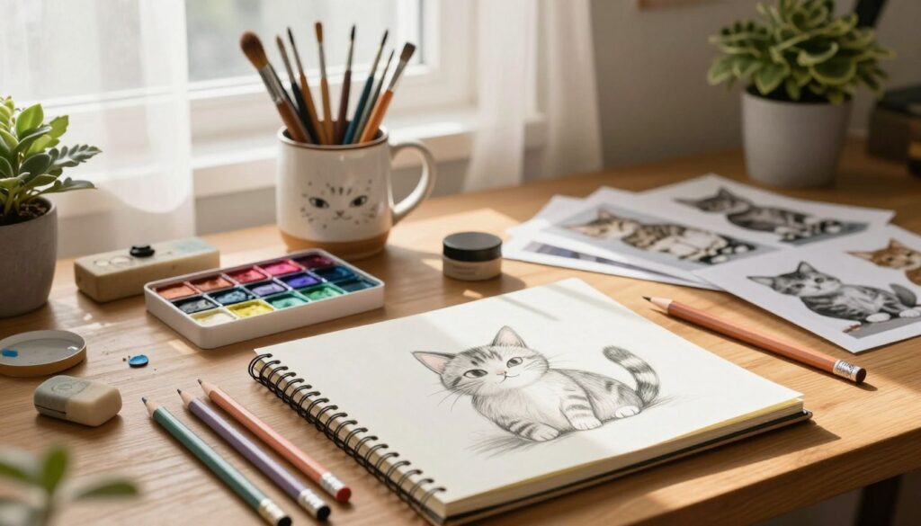 A cozy artist's workspace filled with essential cat drawing supplies on a wooden table. In the foreground, a sketchbook opened to a page with a pencil drawing of a playful cat, accompanied by an array of colored pencils in soft pastels, an eraser, and a blending stump. The middle layer showcases a stylish ceramic mug with brushes, watercolors, and reference images of various cat poses. In the background, a warm window light filters through sheer curtains, casting gentle shadows and highlighting the vibrant colors of the supplies. The overall atmosphere is inviting and creative, perfect for inspiring beginner artists. The scene is completed with delicate decorative touches, like a potted plant, evoking a sense of calm and focus in the artist’s space. Crafted by “furriesfriend.” A cozy artist's workspace filled with essential cat drawing supplies on a wooden table. In the foreground, a sketchbook opened to a page with a pencil drawing of a playful cat, accompanied by an array of colored pencils in soft pastels, an eraser, and a blending stump. The middle layer showcases a stylish ceramic mug with brushes, watercolors, and reference images of various cat poses. In the background, a warm window light filters through sheer curtains, casting gentle shadows and highlighting the vibrant colors of the supplies. The overall atmosphere is inviting and creative, perfect for inspiring beginner artists. The scene is completed with delicate decorative touches, like a potted plant, evoking a sense of calm and focus in the artist’s space. Crafted by “furriesfriend.”